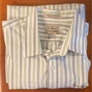 L.L. Bean Traditional Fit Striped Shirt Size L Green Gray Long Sleeve